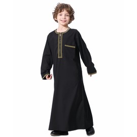 OBEEII Boy's Muslim Arab Solid Color Thobe, Middle East Comfortable Kaftan Thobe Boy Muslim Islamic Clothing Black 9-10 Years