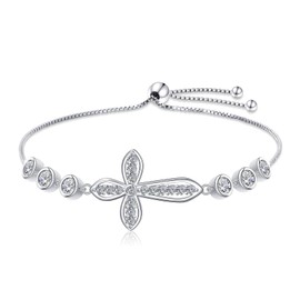 Ladytree 925 Sterling Silver Cross Bracelet for Women Adjustable God Faith Christian Jewelry