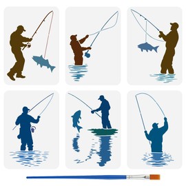 FINGERINSPIRE Set of 6 Painting Stencils with Fishing Motif and Brush 21 x 29.7 cm Long Rod Fish Water Drawing Template Fishing Theme DIY Art Decoration Stencil for Painting on Wood, Walls, Fabrics