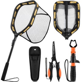 PLUSINNO Floating Fishing Net for Steelhead, Salmon, Fly, Kayak, Catfish, Bass, Trout Fishing, Rubber Coated Landing Net for Easy Catch & Release, Compact & Foldable for Easy Transportation & Storage