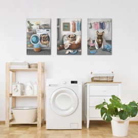 Conipit Laundry Room Canvas Wall Art Funny Dog Painting Prints Artwork Decor for Laundromat Dry Cleaning Store Framed (Medium, grey)