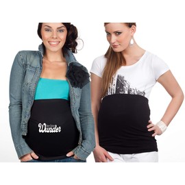 Mamaband Pregnancy Belly Band for Baby Ball in Twin Pack 1 x Plain 1 x Miracle - Back Warmer and Shirt Extension for Pregnant Women - Elastic Maternity Fashion - 38-42