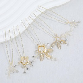 Haodeliy Hair Ornament, Headdress, Leaves Flower Motif, Pearl U Pins, 5-piece Set, Bride Hair Accessories, Handmade Wedding Headdress Hair Accessories, Flower Wedding Decoration, Recitals, Graduation