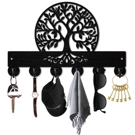 PRESSINART Tree of Life Key Holder Black Key Holder Wall Mount 11.8 x 7.5 Inch Botanical Theme Wooden Keychain Hanger Organizer Rack with 6Pcs Hooks for Bedroom Living Room Gift Coats Bags Hanging