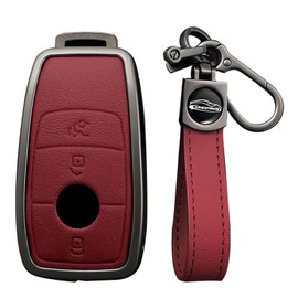 KUNIO Key Case Suitable for Mercedes A B C E S G Class GLC CLE GLB CLA W177 W247 B200 W205 S63 AMG A200 MS Key Protector Key Case Zinc Alloy Leather Keyring, 3 Buttons A Red