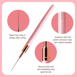 Yasterd Pink Metal Handle Nail Art Brushes, 6pcs Striper Set for Long Lines, Thin Details, Fine Drawing, Delicate Coloring, Elongated Lines, Sizes 5/7/9/11/15/25mm