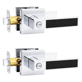 Probrico Square Heavy Duty Door Handle with Black Leather Hand Lever, Keyless Privacy Interior Door Levers for Bedromm and Bathroom, Polished Chrome, 2 Pack