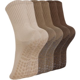 BISOUSOX Yoga Pilates Socks Women's 3 Pairs Stopper Socks Non-Slip with Nubs 36-39 Cotton Non-Slip Socks for Sports Fitness Pregnant Hospital Gift for Women Mum, 3 pairs beige coffee brown