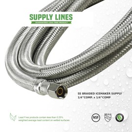 Highcraft 24 Inch Stainless Steel Braided Ice Maker Supply Line 2 Ft with Two 1/4" Fittings on Both Ends, No Lead