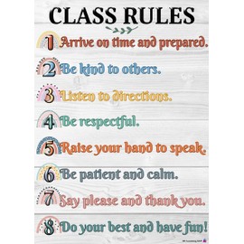 Boho Rainbow Class Rules Poster- Laminated, Size 14x19.5 in.- Back To School Classroom Decorations, Educational Chart, Teacher Supplies for Preschool, Kindergarten, Elementary, and High School
