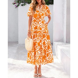dowerme Womens Summer Dresses 2025 Casual Puff Short Sleeve V Neck Floral Boho Tiered Ruffle Maxi Dress with Pockets(White Orange Yellow,X-Large)