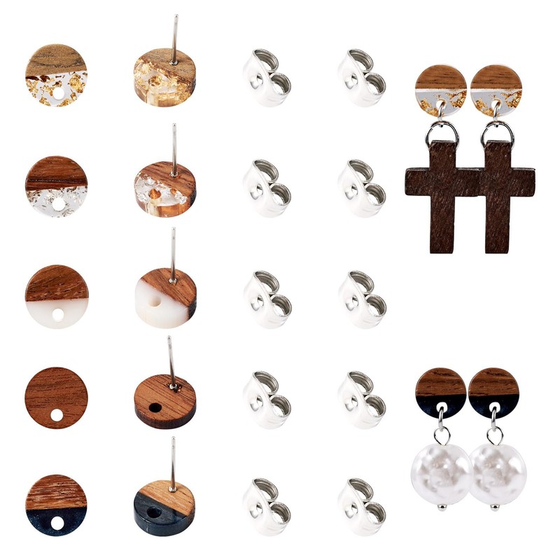 PandaHall 30pcs Resin Wood Stud Earrings, 10mm Flat Round Wooden