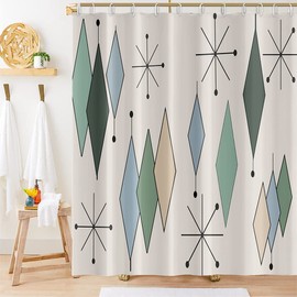 Mid Century Shower Curtain Modern Abstract Diamond Geometric Atomic Starburst Pattern for 1950s Retro Bathroom Decor Accessories Shower Curtain Set with 12 Hooks, 72x72 Inches