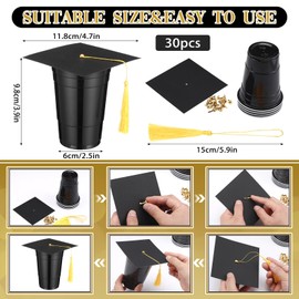 Jingmore 30 Set Graduation 16 oz Plastic Cups Black Cups for Party Graduation Cap Gift Box for Candy Goody Chocolate Disposable Cups Graduation Party Favor for Drinking Snack Picnic Supply