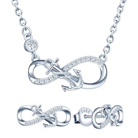 Yumilok Infinity Nautical Anchor Necklace Earring Set 925 Sterling Silver Earrings Studs Pendant Necklace Jewelry Set for Women Teen Girls Christmas Valentines Day Anniversary Mom Wife Birthday Gifts
