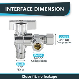 (Pack of 2) Seelink 1/4-Turn Dual Compression Outlet Split Angle Stop Valve, 1/2" Pex-a Expansion(F1960) x (3/8 inch x 3/8 inch) OD, Chrome Plated Brass