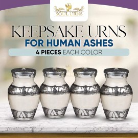 SOULURNS White With Silver Bands Small Keepsake Urns for Human Ashes - Set of 4
