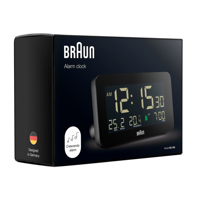 Braun Digital Alarm Clock with Date, Month and Temperature Displayed,