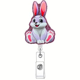 Easter Rabbit Badge Reel Retractable Rabbit Alligator Badge Clip Glitter Acrylic Badge Reels Easter Badge Holder for ID Card Name Tag Nurse Doctor Hospital Worker Decoration