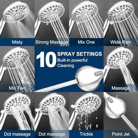 Shower Head with Handheld - All Metal Showerhead Holder and Extra Long Hose 6 ft. 10 Spray Mode High Pressure Built-in Power Wash Hand Held Showerhead, Shower sprayer Premium Chrome 2.5 GPM