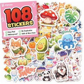 Cute Stickers for Kids - Water Bottle Stickers - 108pc Sticker Pack - Waterproof Vinyl Stickers for Water Bottles, Scrapbook Stickers, Etc - Kawaii Stickers for Teens, Kids, Adults
