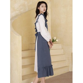 TOWYYO Women's Apron, Cute, Stylish, Frill, Pocket, Shoulder Bag, Kitchen, Cafe Style, Cooking Class, Cotton, Long Length, Solid, Scandinavian Style, One-piece Type, Pink, gray