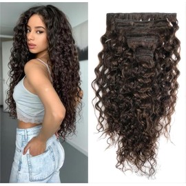 Sexycat Deep Curly Hair Extensions Clip in 14 Inch 8Pcs 100g Clip in Hair Extensions Real Human Hair, #2 Dark Brown Color Water Wave Clip on Double Weft Hairpieces for Women
