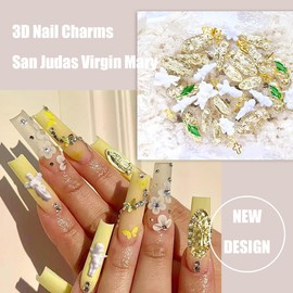 San Judas Virgin Mary Cross 3D Nail Charms Angel Gold Alloy Metal Rhinestones for Acrylic Nail Art Religious Gems Jewels Vintage Manicure Accessories Decoration Supplie (Gold, White, Green, Champagne)