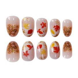 YOLEZI Short Almond Press on Nails Fall Nails with Gold Glitter Sequins Fake Nail Charms Designs Glue on Nail Full Cover Acrylic for Women 24 PCS (Gold-14, Short-14)
