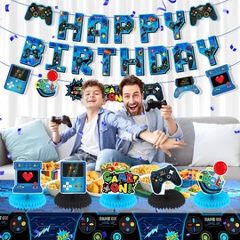 Video Game Birthday Party Decorations Blue Video Game Theme Happy Birthday Bunting Banner Gaming Tablecloth 5PCS Table Honeycomb Centerpieces for Kids Men Gamer Enthusiasts Cheers to Level Supplies