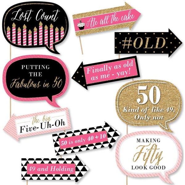 Big Dot of Happiness Funny Chic 50th Birthday - Pink, Black and Gold - Birthday Party Photo Booth Props Kit - 10 Piece
