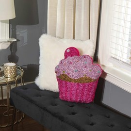 Luminous Cupcake Shaped Pillow, Sparkling Pink Rhinestones Wrapped in Plush Hot Pink Velvet, Adorable Face and Sweet Smiling Home Décor, Sold Inidividually