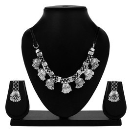Indian Designer Statement Afghani Silver Oxidised Dual Tone Ethnic Traditional Tassel Choker Necklace Jewelry Women (Silver)