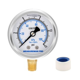 MEASUREMAN PRO 2" Dial Size, Glycerin Filled Pressure Gauge, 0-15psi/kpa, 304 Stainless Steel Case, 1/4" NPT Lower Mount, Lead-Free