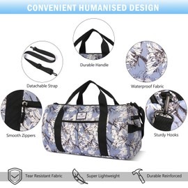 Duffle Bag with Shoe Compartment & Wet Pocket, Waterproof Gym Bag for Men & Women, Foldable Weekender Overnight Tote for Travel, Workouts & Carry on Luggage, White Leaf