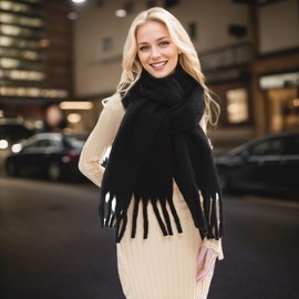 Wendyfull Winter Scarf for Women Big Chunky Scarf Solid Warm Soft Oversized Thick Blanket Scarves Shawl Cashmere Feel (Black)