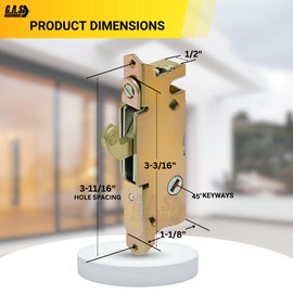 Sliding Patio Glass Door Mortise Lock, 45 Degree Keyway, 3-11/16" Screw Holes - Steel Lock for Sliding Door Handle Replacement Hardware - Fix and Repair Locking Mechanism Latch