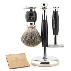 Jag Men's Double Sided Safety Razor with Leather Case, Shaving Brush, Stand and Bowl