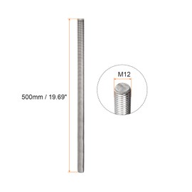 Rebower Fully Threaded Rod 304 Stainless Steel Right Hand Rod Bar Studs, [for Clamps and U-Bolts] - M12 x 500mm Male Threaded/Silver