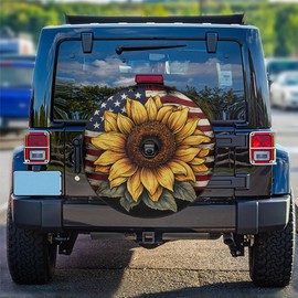DJYQBFA Spare Tire Cover with Backup Camera Hole American Flag Sunflower 16inch Wheel Cover Protector Universal Fit for Trailer,RV,Camper,SUV,Truck