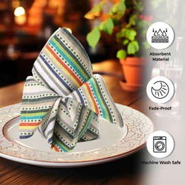 Urban Villa Cloth Napkins Beige Multi Stripes 100% Cotton Absorbent Dinner Napkins (Set of 12) 20x20 Inches Soft Durable Washable Reusable Ideal for Everyday Use Wedding Parties Cloth Dinner Napkins