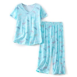 CHUNG Women Cotton Blend Pyjamas Set Short Sleeve Top Capri Pants Plus Size S-3XL Sleepwear Nighties Blue Butterfly, 2XL