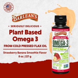 Barlean's Vegan Omega 3 6 9 Flaxseed Oil Liquid Supplement, Strawberry Banana Smoothie, Flax Seeds Oil with 2,968 mg ALA Fatty Acid, Non-GMO and Gluten Free, 16 oz