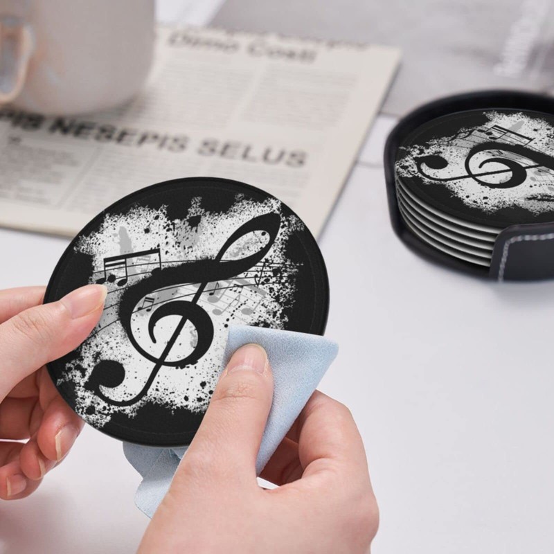 Niukom 6 Pcs Music Note Leather Coasters for Drinks with