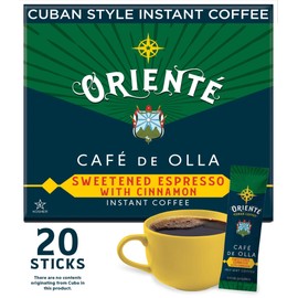 Oriente Dark Roast Cuban Instant Coffee Packets Single Serve, 20 ct. | Cafe De Olla | Sweetened Espresso with Cinnamon | 100% Arabica Dark Roast Coffee | Solar Energy Produced | Instant Coffee Powder