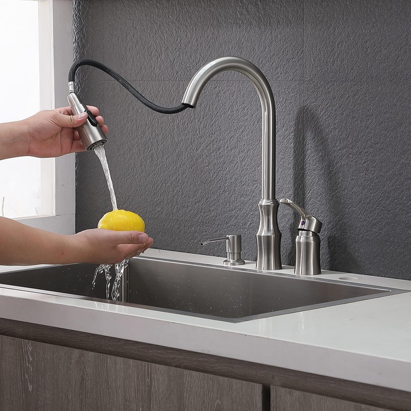 HOTIS 3 Hole Kitchen Faucet with Pull Down Sprayer, Brushed