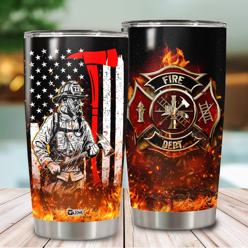 WAZONE Firefighter Tumbler Cup Thin Red Line Flag Design Travel