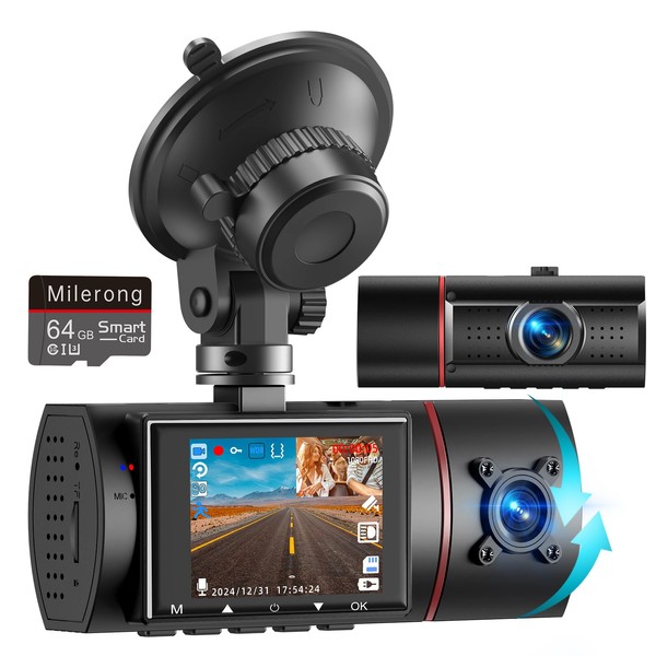 Milerong Dual Dash Cam Front and Inside with 64GB Card,Milerong