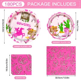 180Pcs Western Cowgirl Birthday Party Decorations My First Rodeo Theme Party Plates and Napkins Disposable Tableware Set for Wild West Cowgirl Party Decorations,Serve 60