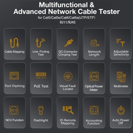 11 In 1 Network Cable Tester with 60000 Digit Multimeter 7 Wavelengths OPM 10Km/10mW VFL 600M Measurable Length 100 Records Tool Kit for CAT5 CAT6 Telephone Ethernet RJ11 RJ45 PoE Wire Tracer NCV,Blue